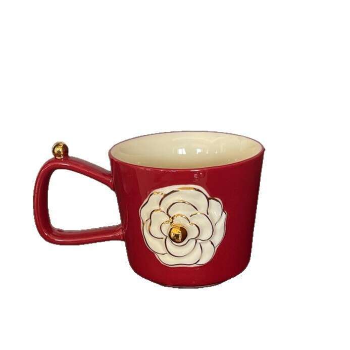 Ceramic Mugs Light Luxury Gold-Embossed Red Black Camellia Relief Drinking Utensils Coffee Cup for Home Kitchen Dining Table Decor