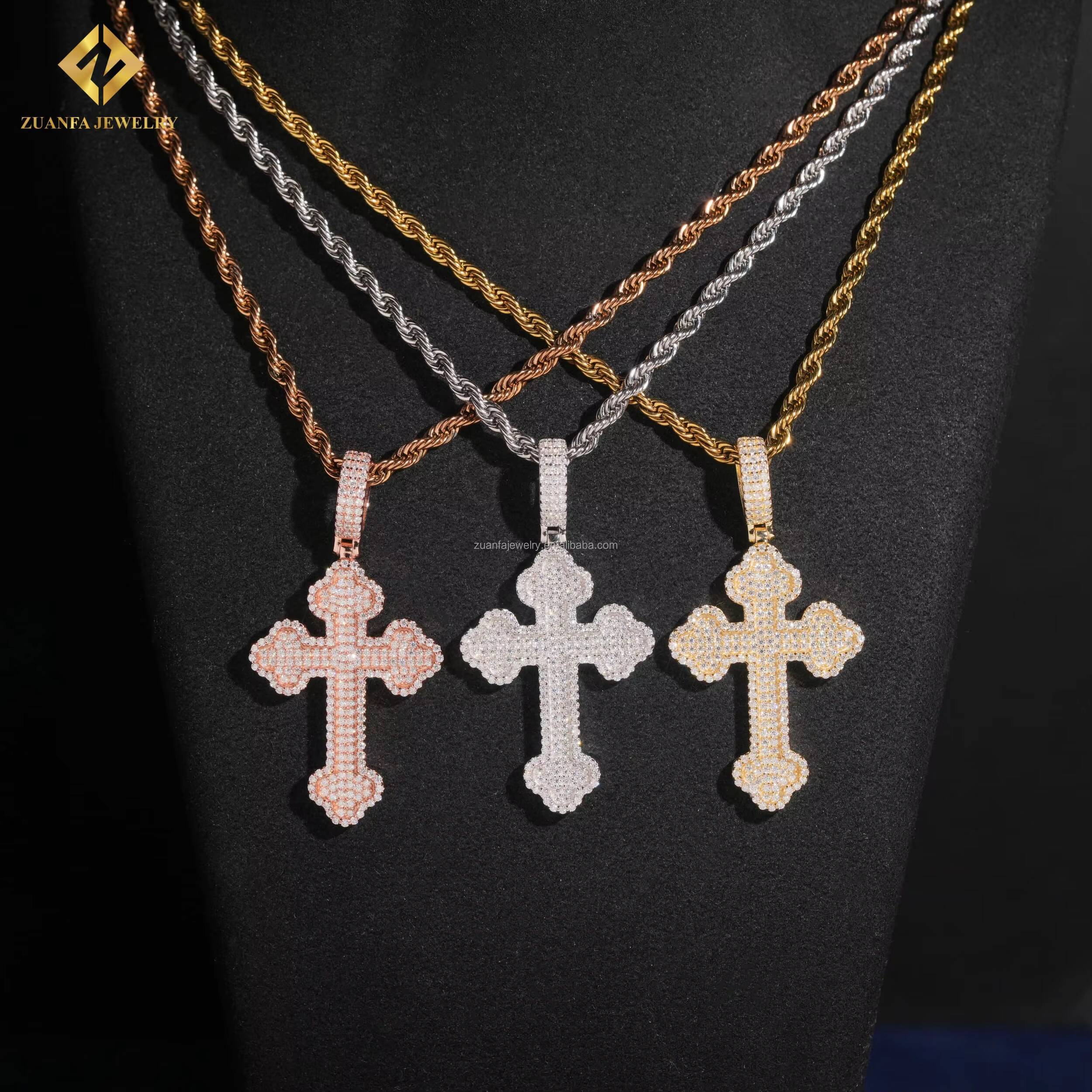 Bulk Stock Fire Jewelry Drop Shipping Fashion Hip Hop Iced Out Round Moissanite 925 Sterling Silver Cross Pendant Man Gift