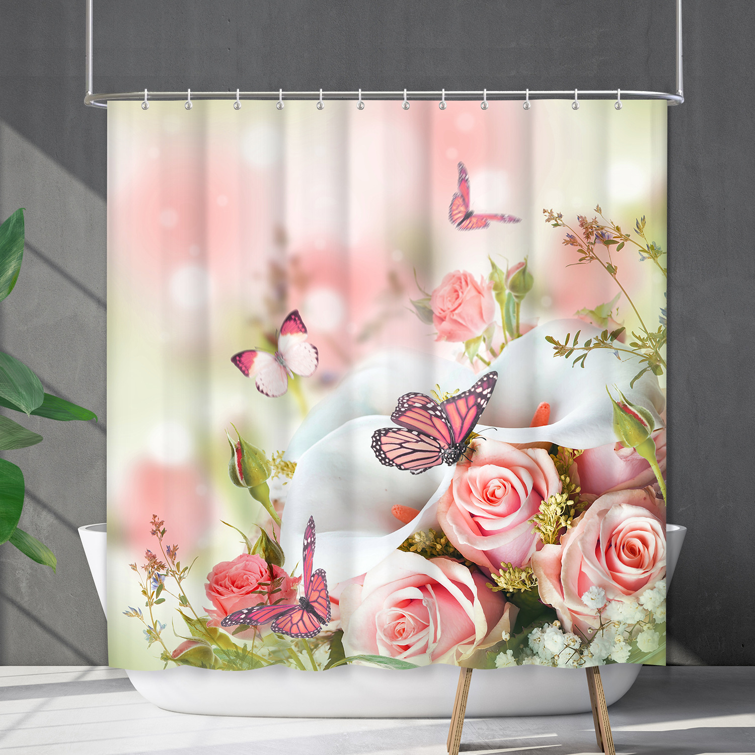 YL-38163 Waterproof Shower Curtain Set with Floral Flowers, Butterflies, and Other Floral Designs - Shower Cover - No Drill Required