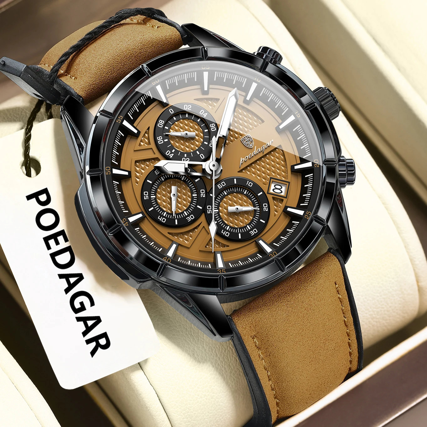 POEDAGAR Top Men Wristwatch Quartz Original Leather Mens Watches Date Chronograph Waterproof Luminous Man Watch MaleBox 260114