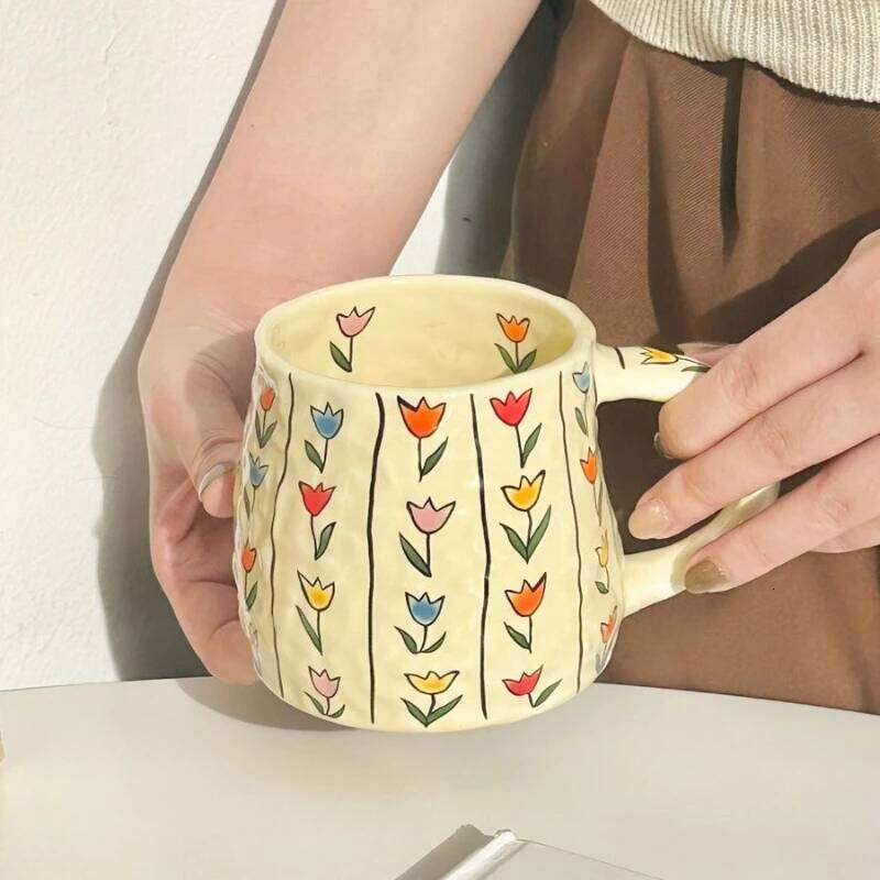 Tulip and Rose Ceramic Coffee Mug Handmade Irregular Shape for Tea Water Home Use Unique Design Gift