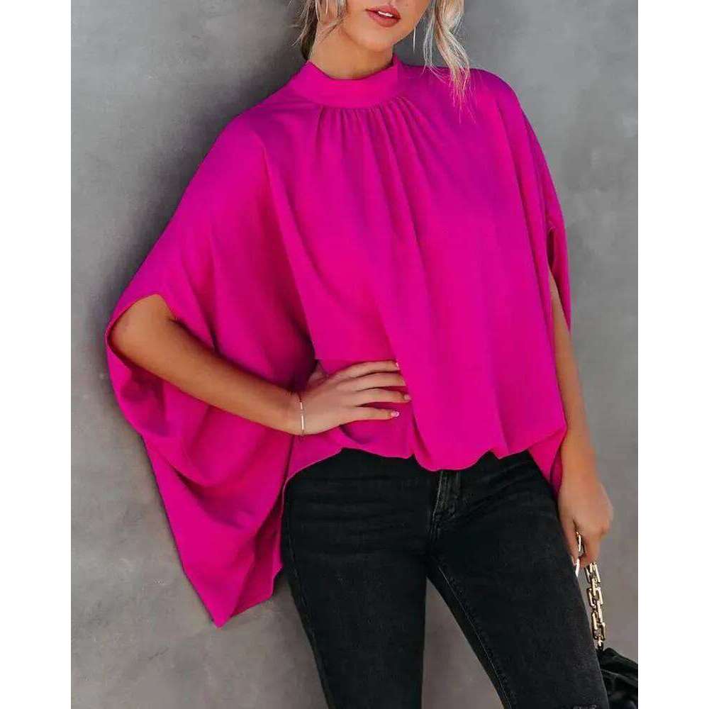 Women's Cape Sleeve Oversize Blouse Tie Closure High Neckline Caftan Body Loose Tops