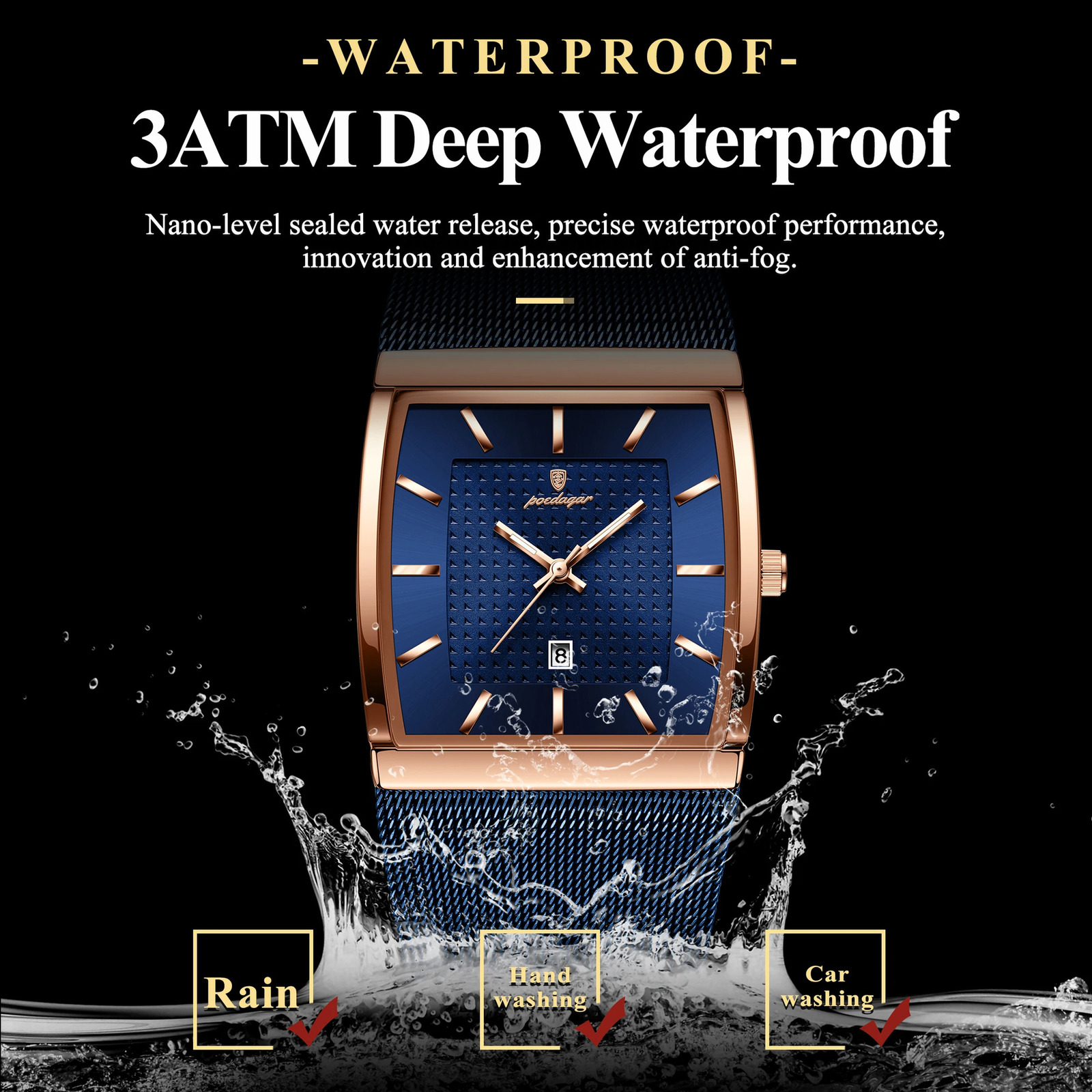 POEDAGAR Top Original Men Watch Waterproof Luminous Date Rectangle Man Wristwatch Mesh Stainless Steel Mens Quartz Watches Male 260114