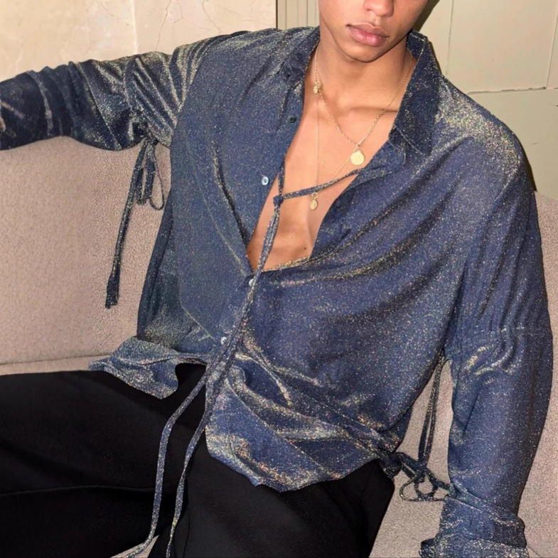 Men's Fashion Glitter Tie-Front Shirt, Loose Fit Lightweight Long Sleeve Blouse, Trendy Streetwear, Party Top
