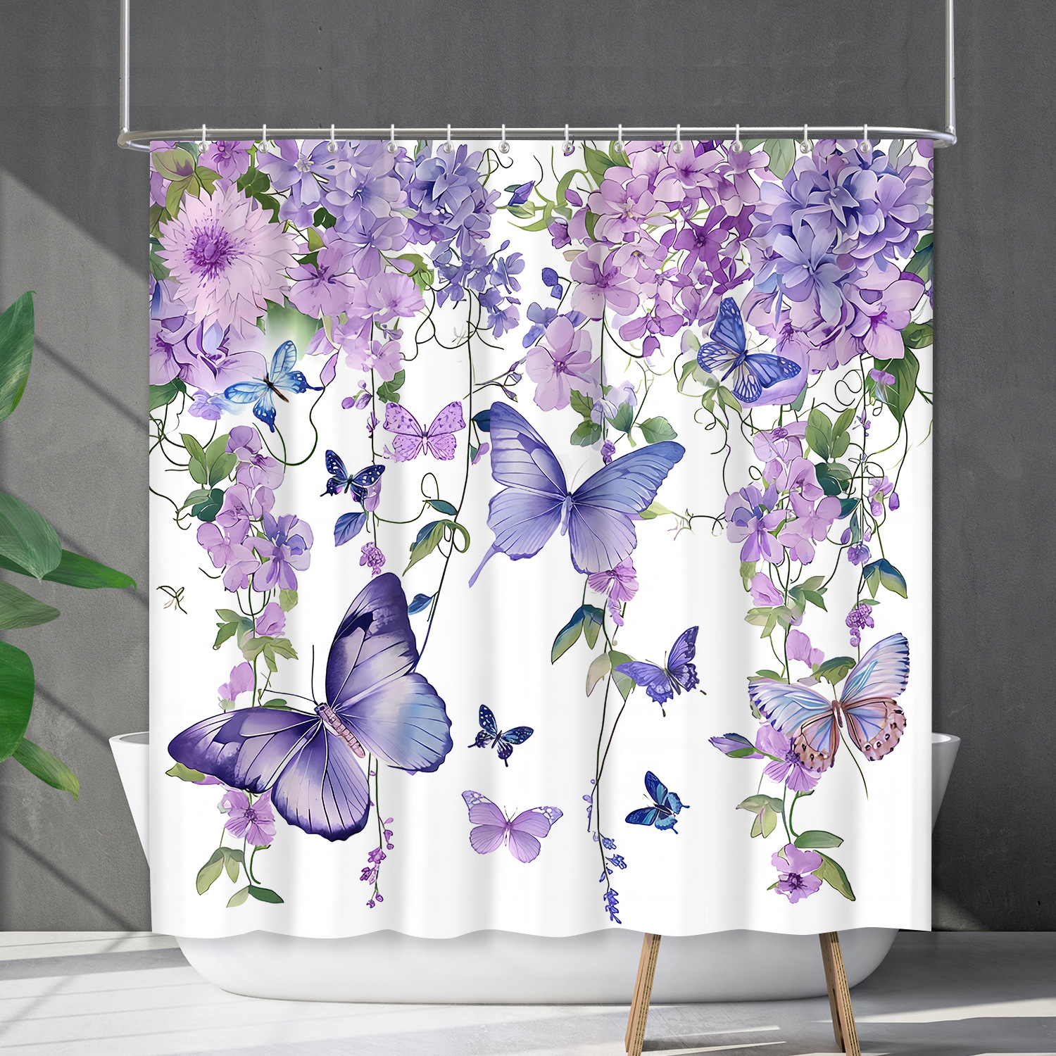 YL-38156 Waterproof Shower Curtain Set with Floral Designs, Flowers, Plants, Butterflies, and Shower Cover - No Drill Required