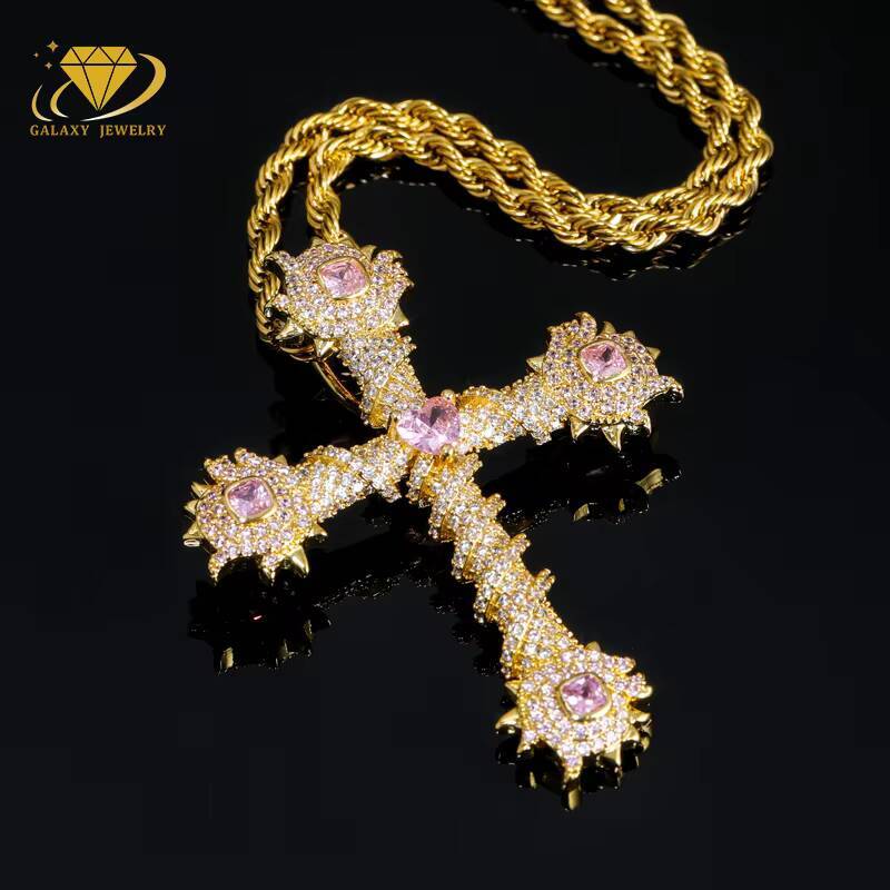 High Quality Vvs Pink Heart Moissanite Cross Pendant Hip Hop Style Moissanite 925 Silver Fine Jewelry for Women Gift