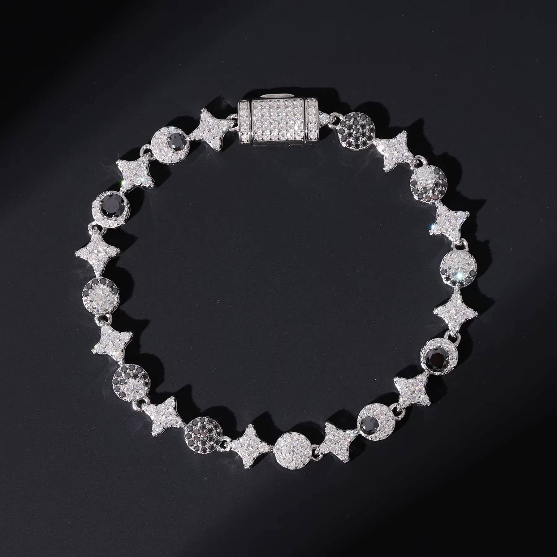 New Arrival 925 Sterling Silver 6mm Iced VVS D Moissanite Diamond Tennis Chain Bracelet with Sun Moon Star Passes Diamond Tester