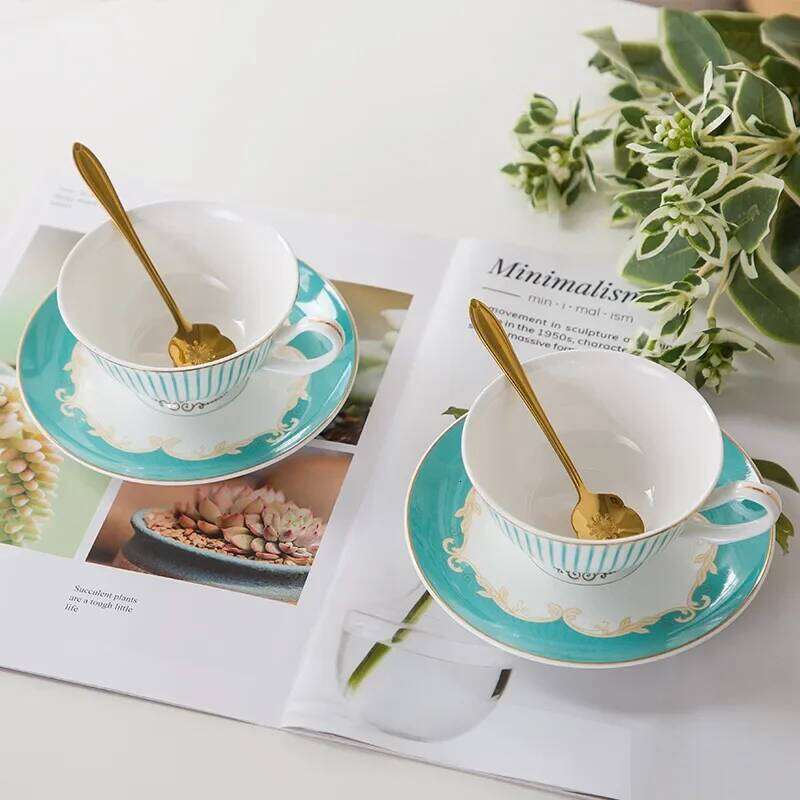 Blue striped English bone china mug with spoon dish, European coffee cup and saucer set,Advanced Porcelain Mug For tea