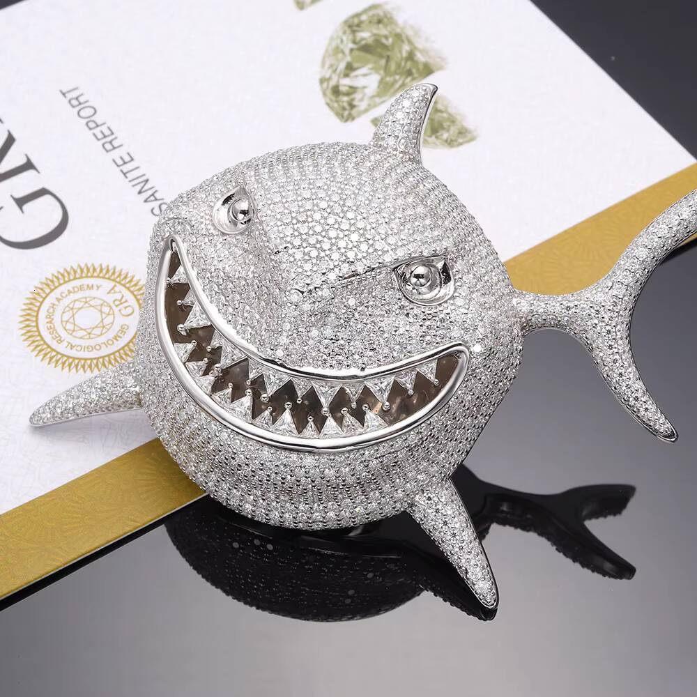 New Hip Hop Shark Pendant VVS Moissanite Silver Round Brilliant Cut Claw Setting Unisex