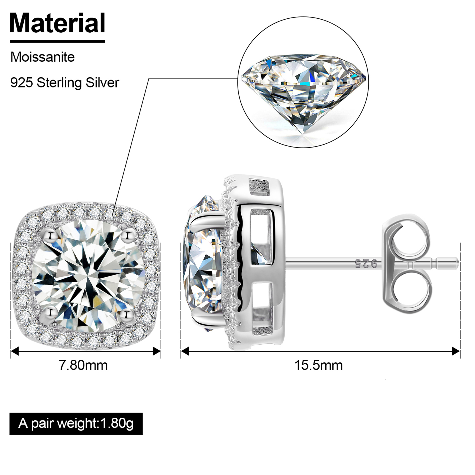 Pass Diamond Tester Moissanite Cube Halo Earrings Luxury 18K White Gold 925 Sterling Silver VVS Mossanite Ear Stud for Men