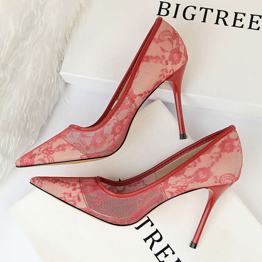 luxury bag Sexy Slimming Heels Women's Thin High Heel Shallow Mouth Pointed Toe Mesh Hollow Lace Single Shoes