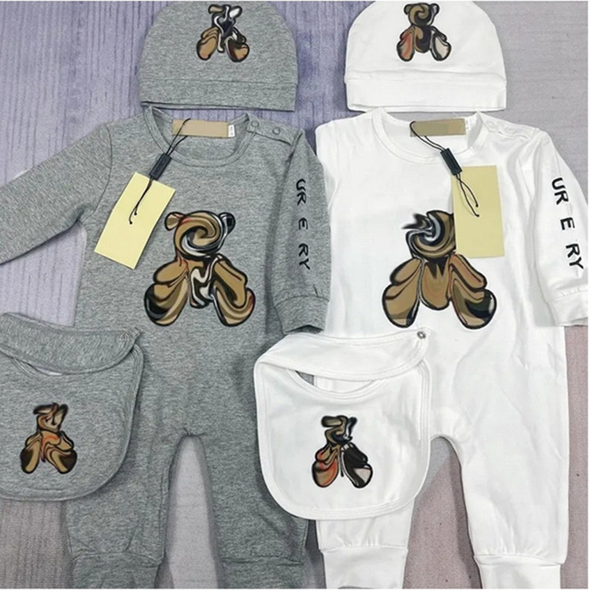 Baby Romper Clothes Newborn Jumpsuit Boys Girls Clothes Brand Tag Long Sleeves Baby Jumpsuit Designer Infant Jumpsuit Bib Hat 3pcs Set