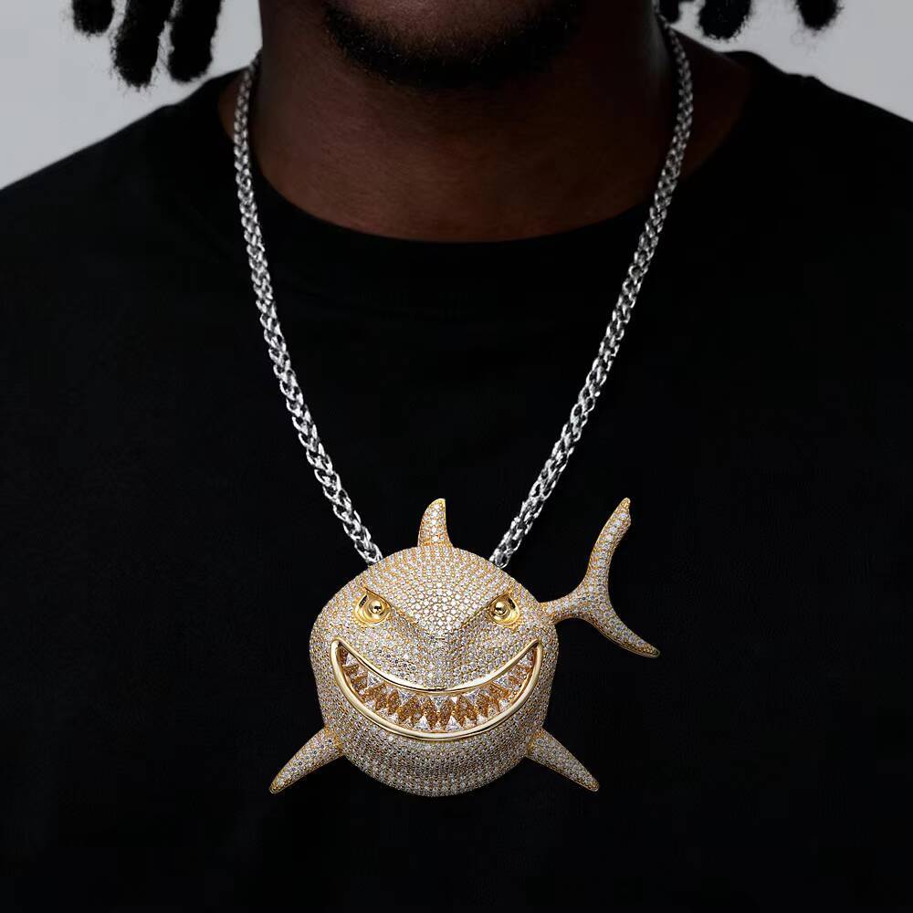 New Hip Hop Shark Pendant VVS Moissanite Silver Round Brilliant Cut Claw Setting Unisex