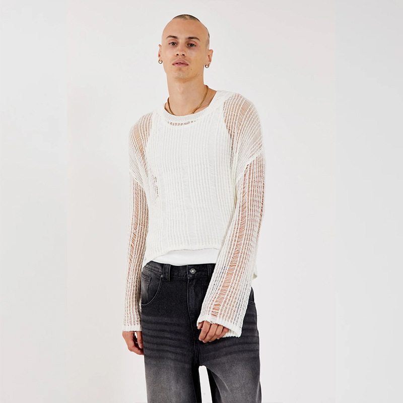 Men's Hollow Out Sheer Knit Sweater, Stretchy Loose Fit Long Sleeve Pullover, Trendy Streetwear Knitwear