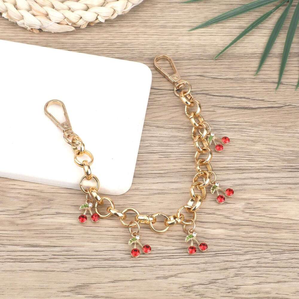 Gold Chain with Five Charms Cherry Keychain Women Cute Fruit Key Chain Fashion Jewelry Decorative Keyrings for Bag Purse Keys Handbags