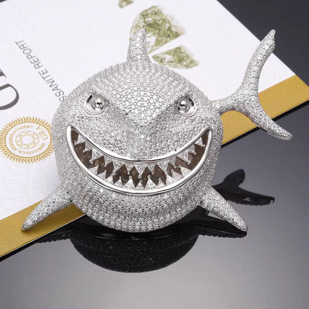 New Hip Hop Shark Pendant VVS Moissanite Silver Round Brilliant Cut Claw Setting Unisex