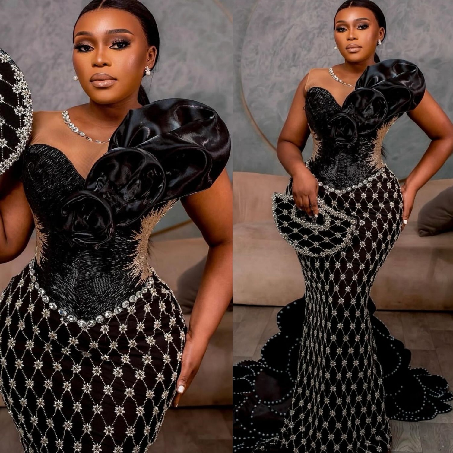 Aso Ebi Black Mermaid Prom Dresses 2026 Beaded Crystals Florals Sequined Evening Formal Party Second Birthday Engagement Gowns Dress For Special Occas