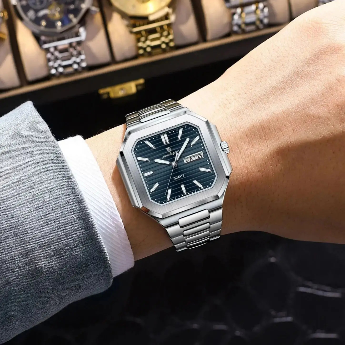 POEDAGAR Square Fashion Man Wristwatch Waterproof Luminous Date Week Quartz Mens Watches Stainless Steel Men Watch Reloj 260114