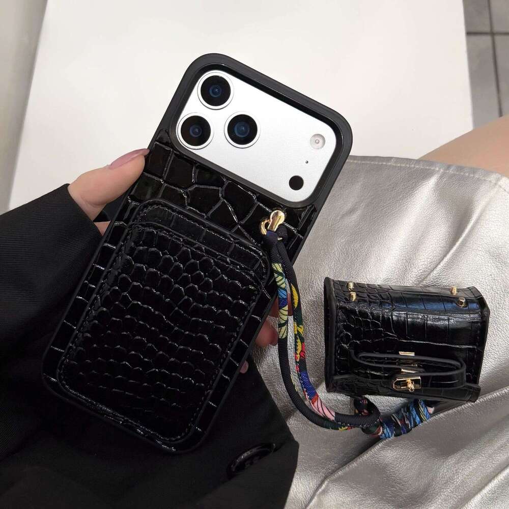 Phone Case for iPhone New Model Compatible with Apple 17 iPhone 15 Pro Crocodile Pattern Card Holder + Earphone Cover Phone Case 12 Trendy Women