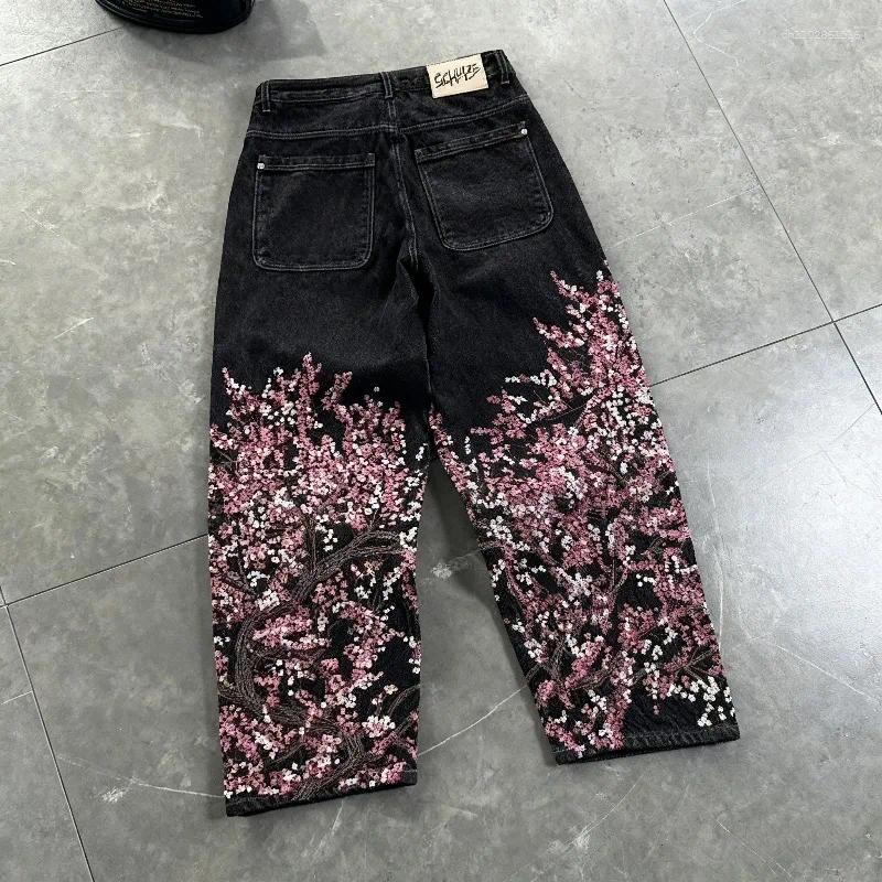 Men's Jeans Retro Cherry Blossom Tree Embroidered Loose Wide Leg Pants Y2K Harajuku Men Women Trendy Derschutze Label Streetwear