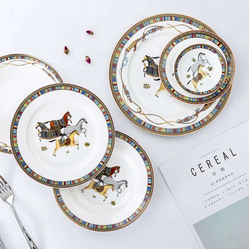 Tableware Plates Artistic Hand Painted Horse Dinner Plate Ceramic Kitchenware for Household Dining Room Serving Dish Decor