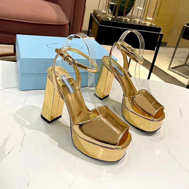 Gold Shoes Platform Sandals Summer Coarse Heel Women Sandals Luxury Designer Shoe Genuine Leather Banquet Club Prom Womens 13CM Chunky Heels Party