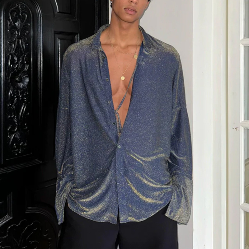 Men's Fashion Glitter Tie-Front Shirt, Loose Fit Lightweight Long Sleeve Blouse, Trendy Streetwear, Party Top