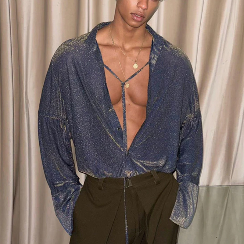 Men's Fashion Glitter Tie-Front Shirt, Loose Fit Lightweight Long Sleeve Blouse, Trendy Streetwear, Party Top