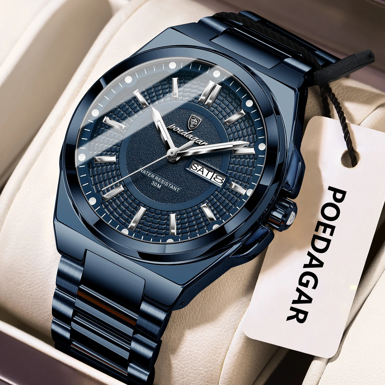 POEDAGAR Fashion Classic Men Wristwatches Stainless Steel Waterproof Luminous Man Watch Date Week Quartz Business Mens Watches 260114