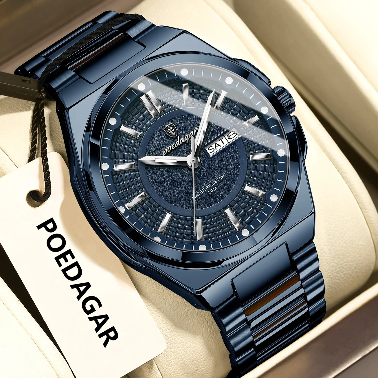 POEDAGAR Fashion Classic Men Wristwatches Stainless Steel Waterproof Luminous Man Watch Date Week Quartz Business Mens Watches 260114