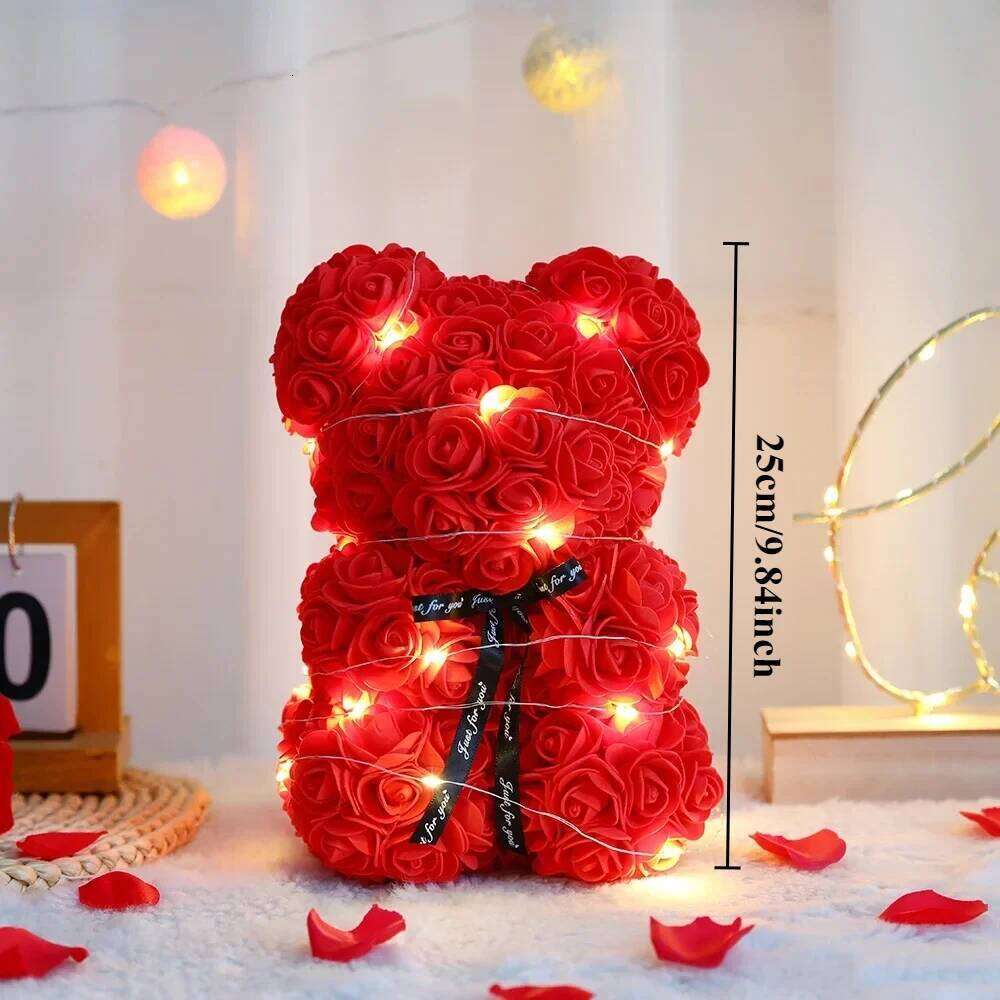 Valentines Day Artificial Teddy Rose Flower Bear with Box Romantic Gift Girlfriend Women Mother Birthday Wedding Party Deco 25cm C260114