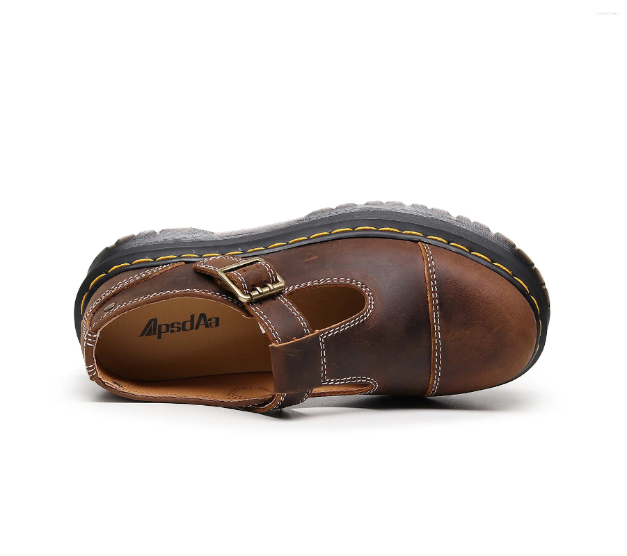 Casual Shoes Crazy Horse Cow Leather Women Thick Bottom Leisure Buckle Strap Mary Jane