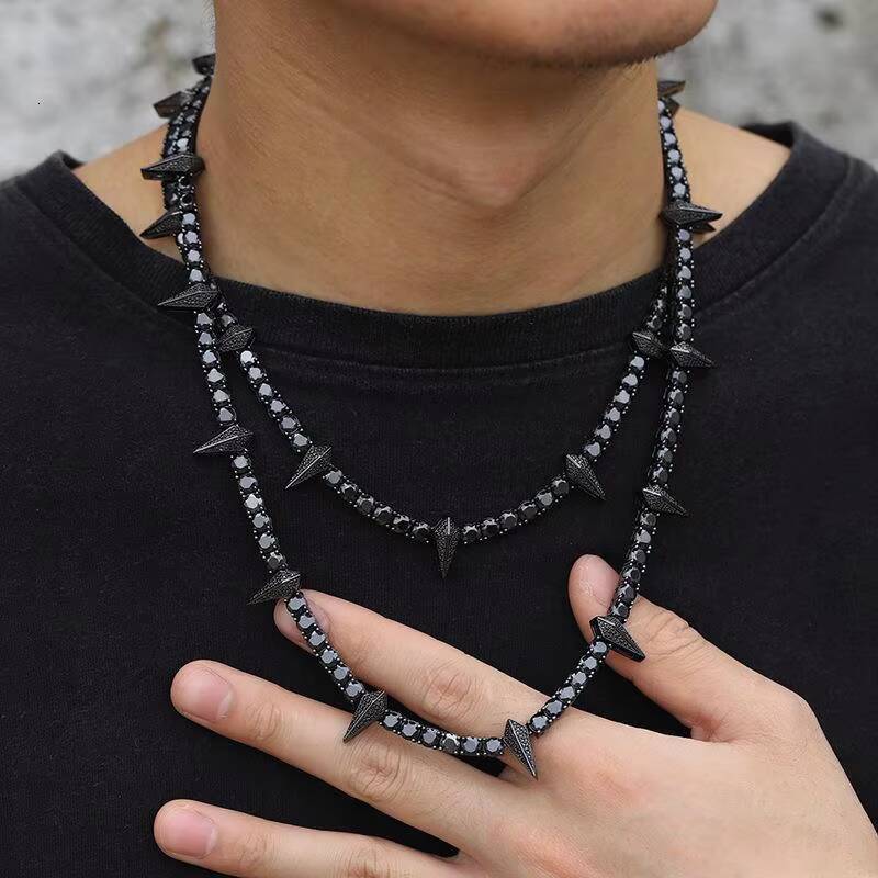 Hiphop Necklace Passed the Diamond Tester 5MM925 Silver Black VVSmoissanite Tennis Chain Necklace Men and Women High-end Jewelry