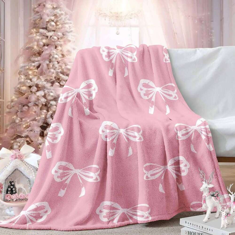 Cozy Flannel Blanket Soft Plush Pink Bowknot Design Decorative Throw For Home Bedroom Sofa Living Room Couch Outdoor Use Warm Comfy Accent