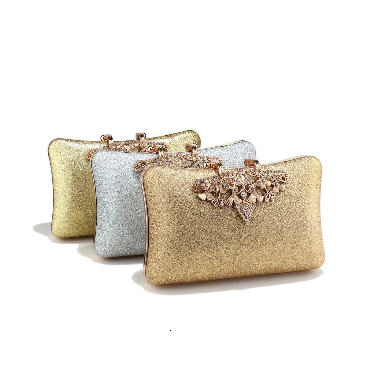 Golden Metal Chain Clutch Diamonds Sequined Evening Bags Shiny Casual Glitter Lady Handbags Silver 260114