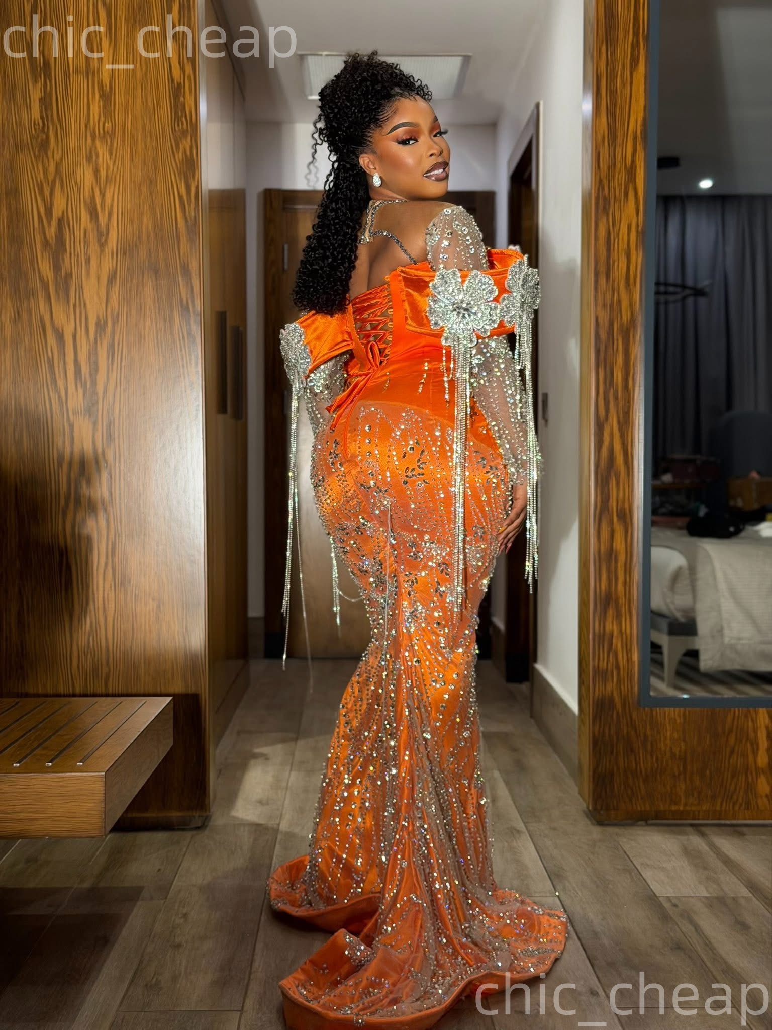 Aso Ebi Orange Mermaid Prom Dresses 2026 Flowers Crystals Tassels Sequined Evening Formal Party Second Birthday Engagement Gowns Dress For Special Occ