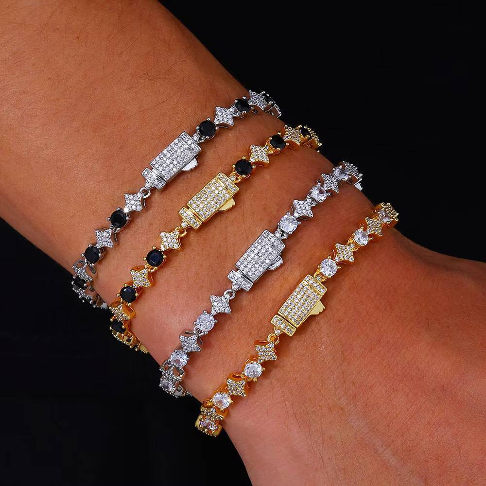 European American Hip Hop 6mm Moissanite Star Tennis Chain Gold Ladies Bracelet Light Luxury Cross-border Jewelry Accessories