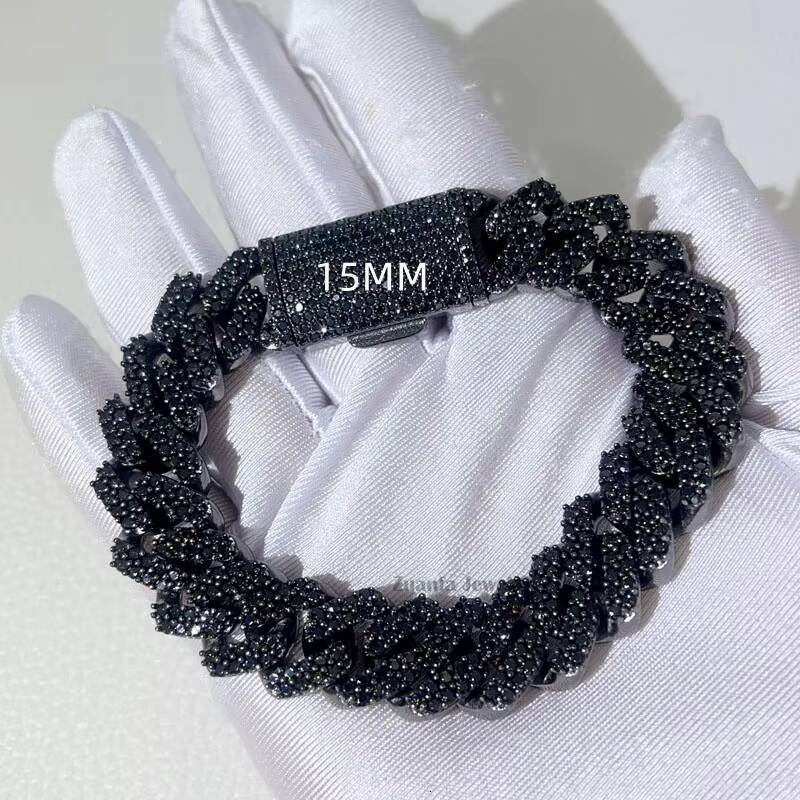 Rapper Jewelry Hip Hop Sterling Silver 8MM 10MM 13MM 15MM Black Moissanite Iced Out Cuban Bracelet