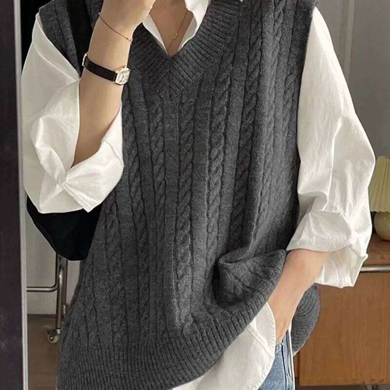 Women V-Neck Sweater Solid Color Sleeveless Loose Preppy Style Pullover Waistcoat Woman Casual Out Wear Knitted Jumper Vest