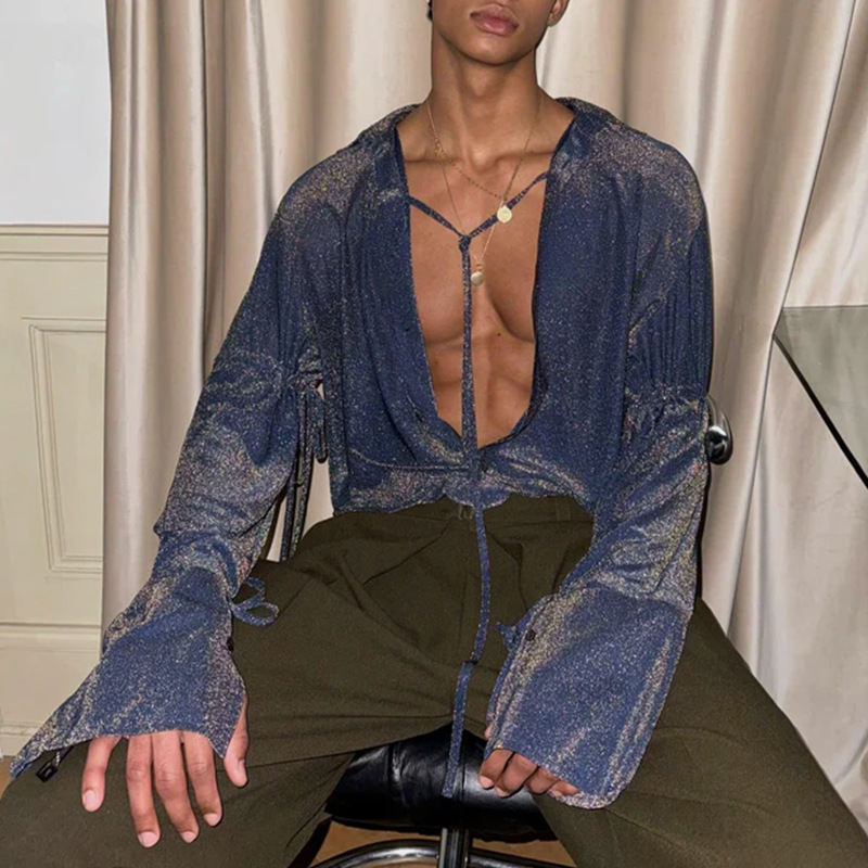Men's Fashion Glitter Tie-Front Shirt, Loose Fit Lightweight Long Sleeve Blouse, Trendy Streetwear, Party Top