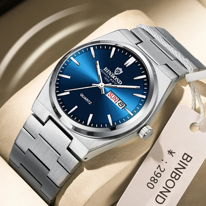 BINBOND Top Men Quartz Watches Original Watch for Man Waterproof Luminous Date Week Stainless Steel Wristwatch Male 260114