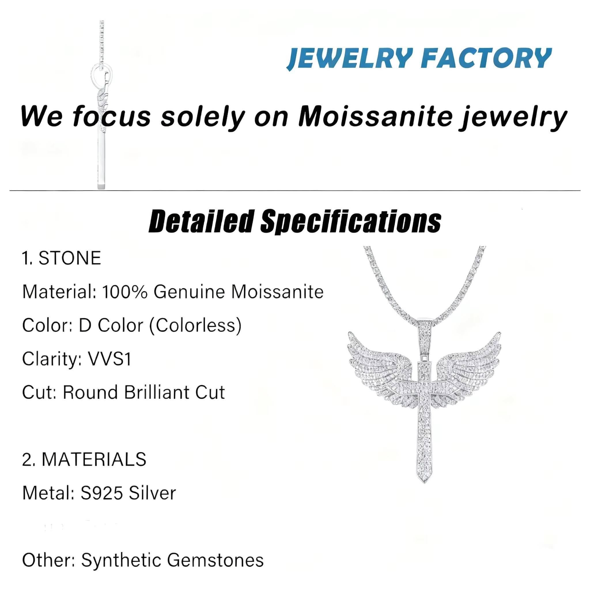 Hip Hop Fine Jewelry Pendants Men Iced Out VVS Moissanite Diamond Pendants 925 Sterling Silver Angel Wing Moissanite Necklaces