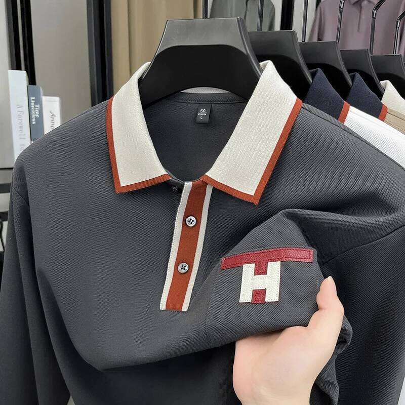 Light Luxury Fashion 100 Pure Cotton Polo Shirt Mens Long Sleeved Autumn New Item Middle-Aged Dad Collar Base T-Shirt2