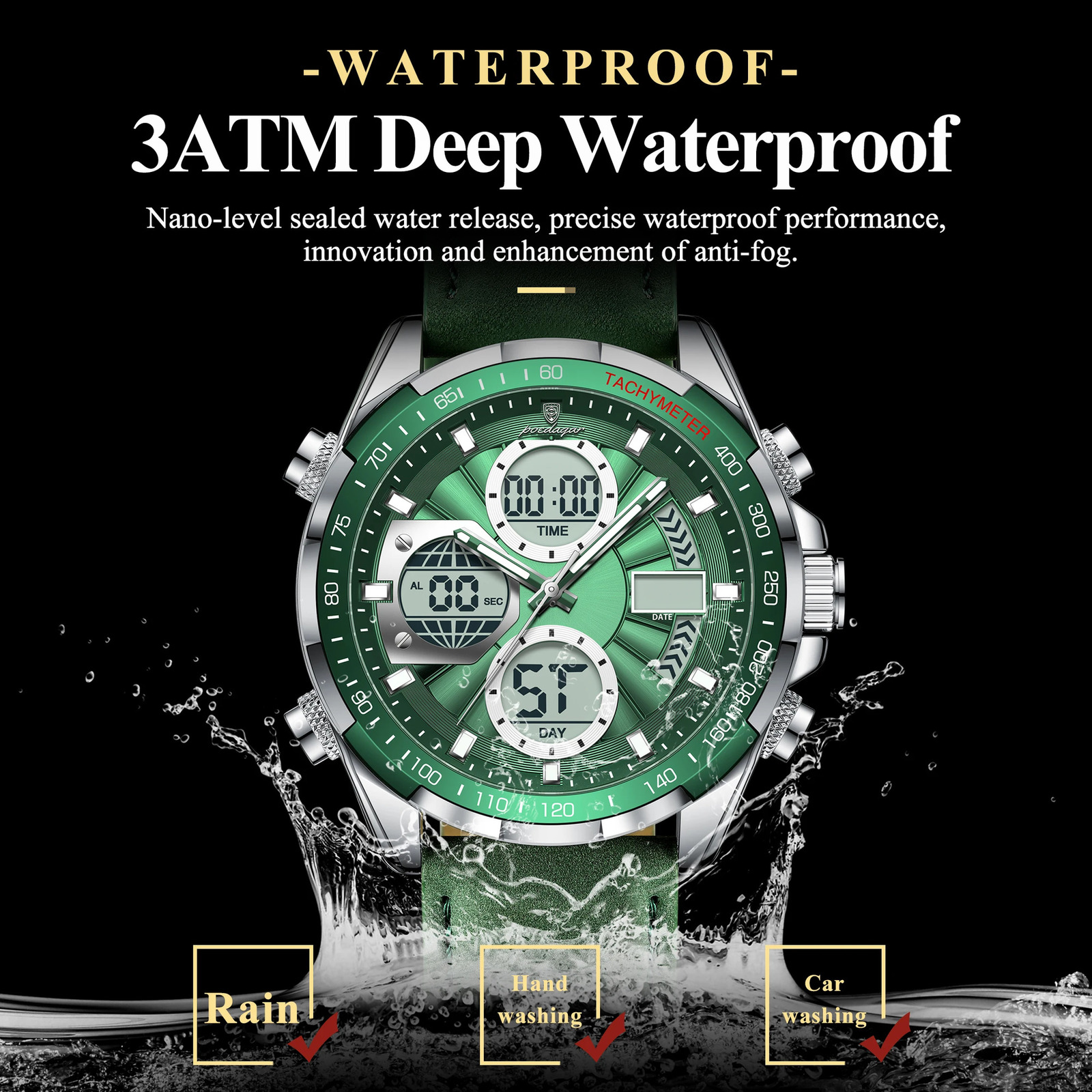 POEDAGAR LED Men Watch Luminous Week Date Dual Time Display Digital Man Clock Alarm Electronic Mens Quartz Watches Reloj 260114