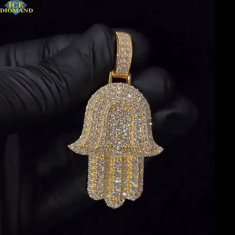 Custom Hamsa Hand Iced VVS Moissanite Hip Hop Pendant Pass Diamond Test 925 Sterling Silver 18K Gold Plated Claw Setting GRA