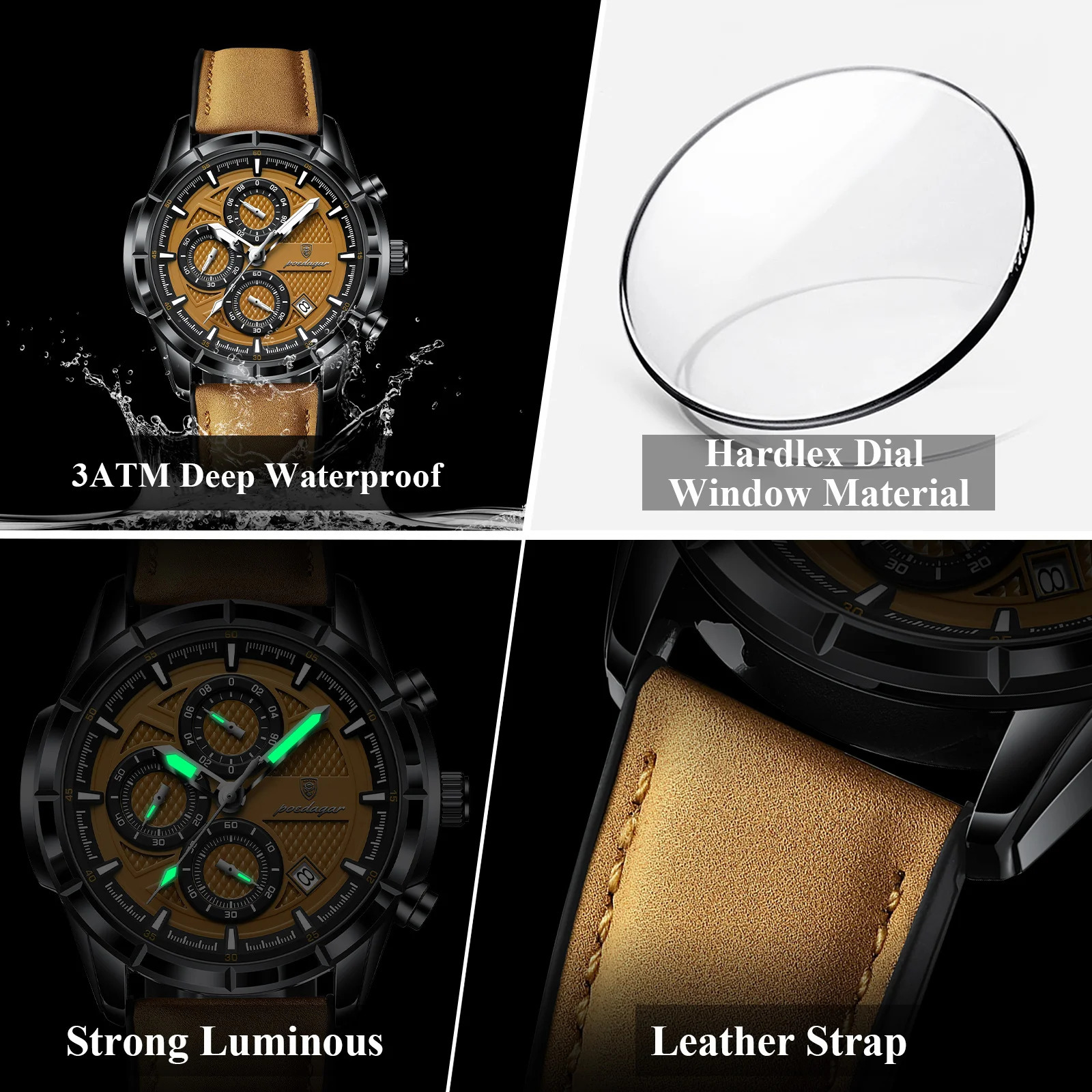 POEDAGAR Top Men Wristwatch Quartz Original Leather Mens Watches Date Chronograph Waterproof Luminous Man Watch MaleBox 260114