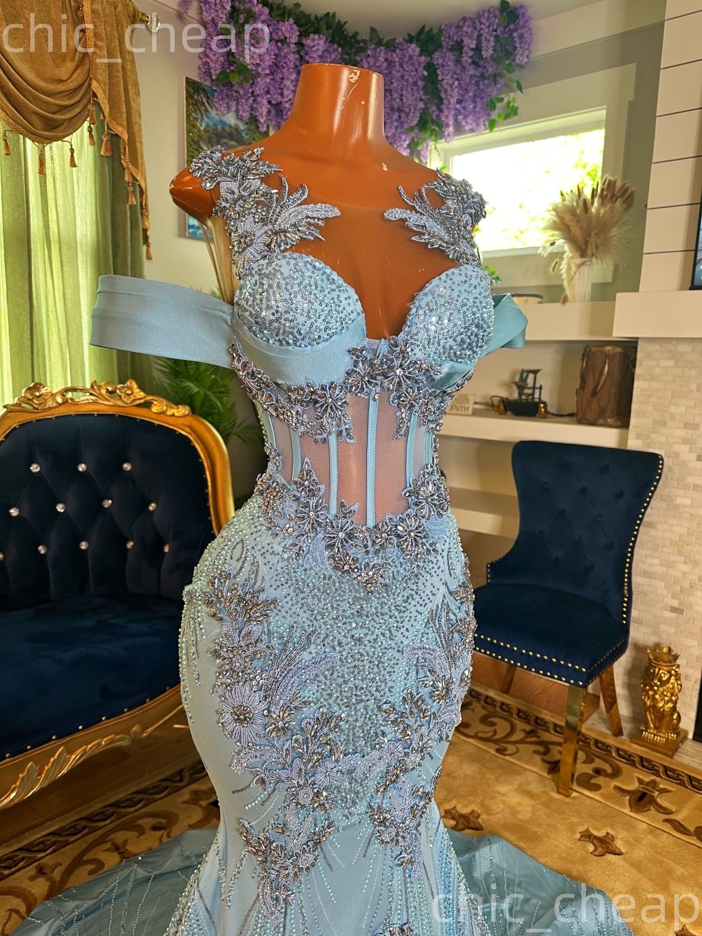 Aso Ebi Light Sky Blue Mermaid Prom Dresses 2026 Appliques Crystals Sheer Neck Evening Formal Party Second Birthday Engagement Gowns Dress For Special