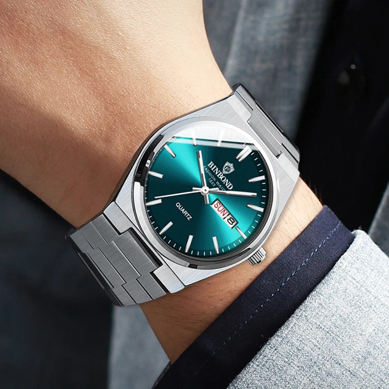 BINBOND Top Men Quartz Watches Original Watch for Man Waterproof Luminous Date Week Stainless Steel Wristwatch Male 260114