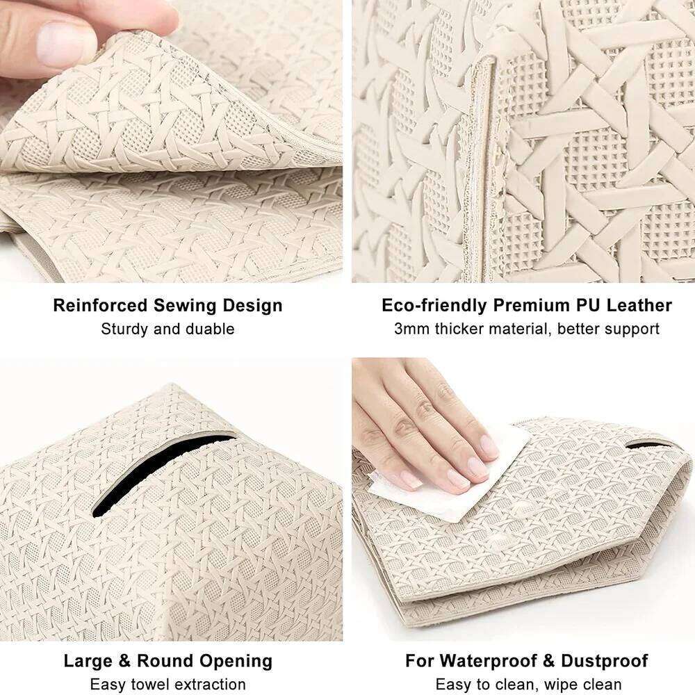 PU Leather Square Rattan Design Large-Capacity Drawer Supplies Foldable Tissue Box Cover for Home, Office, Car