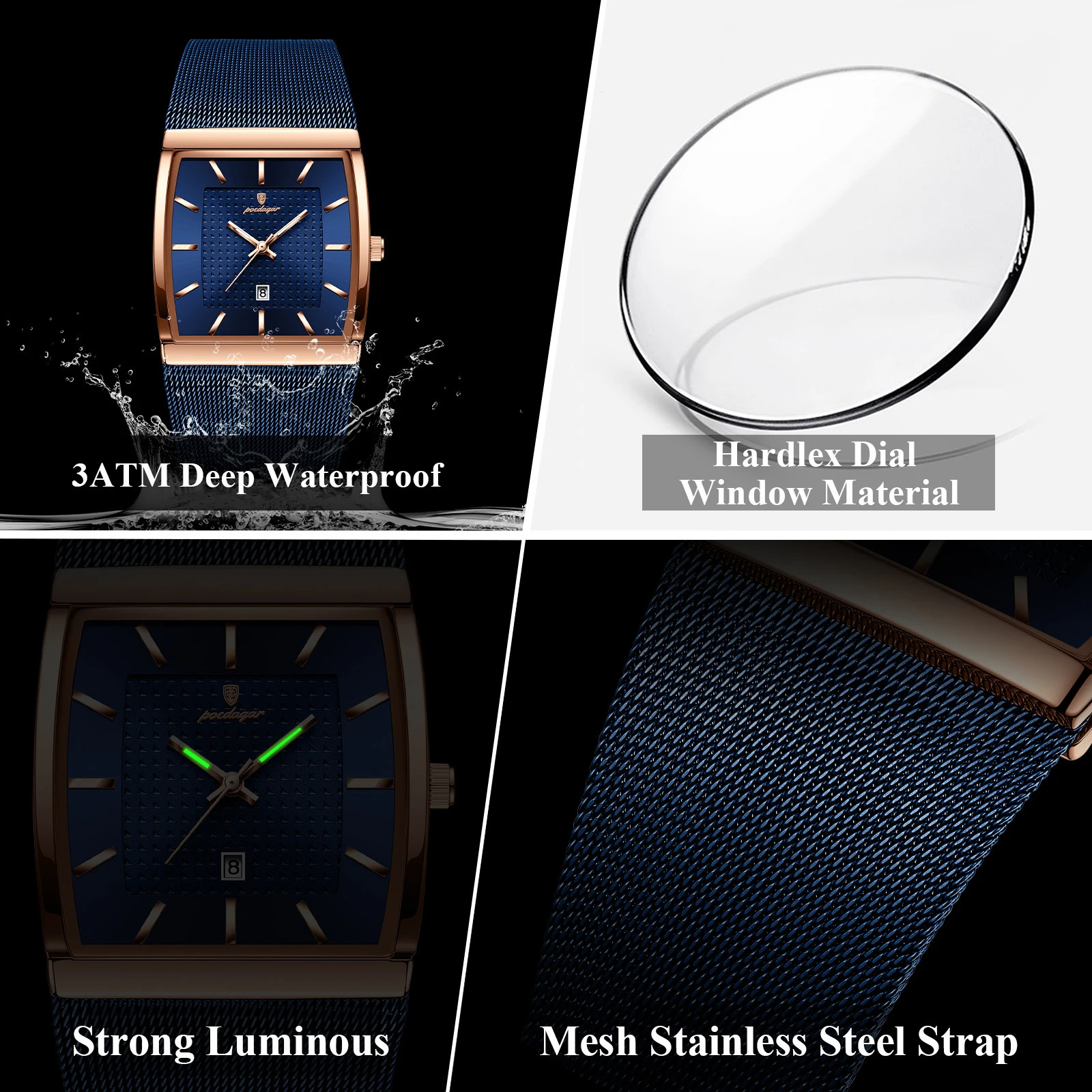 POEDAGAR Top Original Men Watch Waterproof Luminous Date Rectangle Man Wristwatch Mesh Stainless Steel Mens Quartz Watches Male 260114